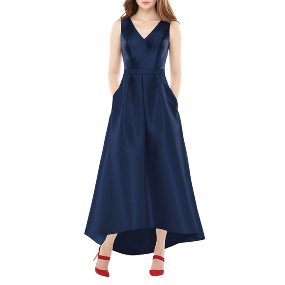 ALFRED SUNG Sleeveless High Low Dress Blue Satin with Pockets Size 8 D723 - Picture 1 of 6